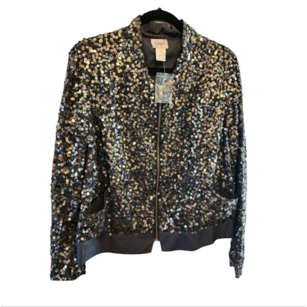 GUDI GREY SILVER SEQUINED JACKET SIZE 14 ZIP FRONT LONG SLEEVE NWOT CLASSY